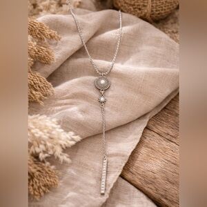 Lucky Brand Silver Lariat Necklace Boho Medallion Studded Drop Y Necklace GUC